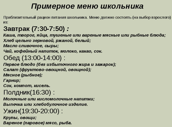 Меню школьника на 1 день с калориями. Таблица