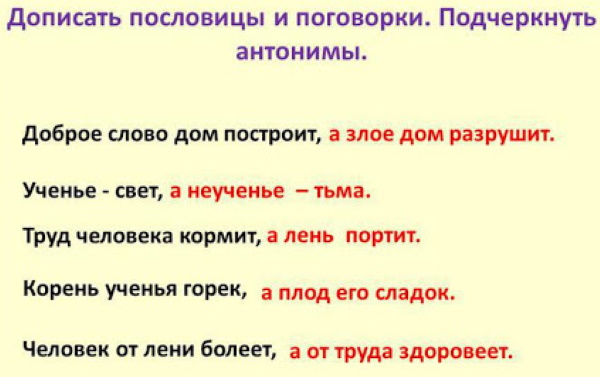 Пословицы и поговорки с антонимами и синонимами для детей 1-2-3-4-5-6 класс