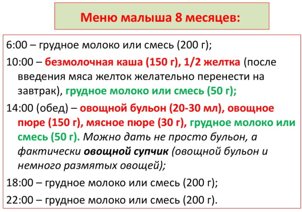 Рацион ребенка в 8 месяцев на искусственном, грудном вскармливании, при аллергии. Рецепты